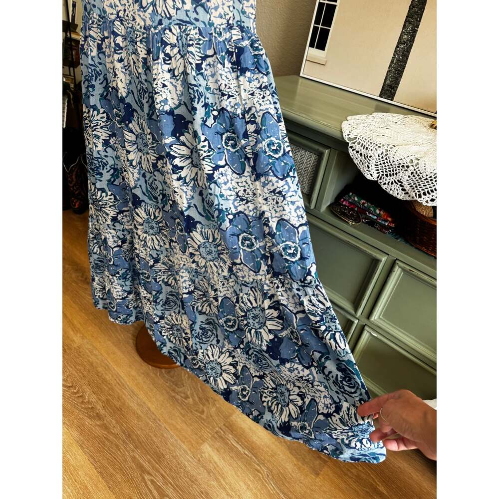 GUADALUPE Design Blue Floral Off-the-Shoulder cotton Maxi Resort Dress. S/M - Picture 3 of 5